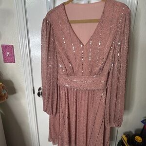 SHEIN Pink Sequin Long Sleeve Dress